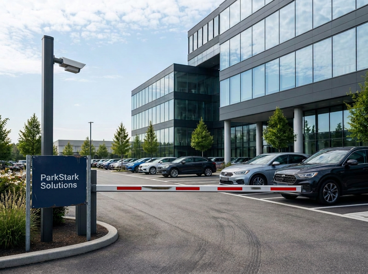 Moderner Gewerbeparkplatz mit Kennzeichenerkennung an der Zufahrt